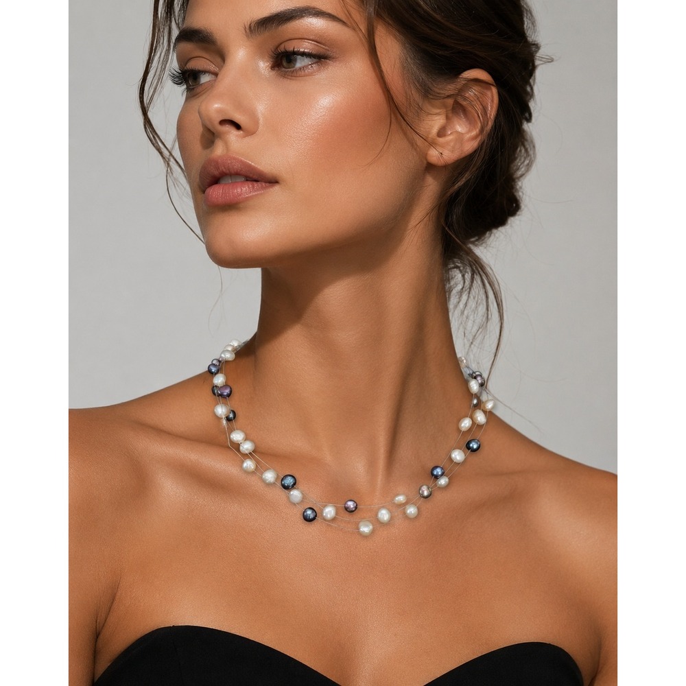 Multi Strand Floating‎ Pearl Necklace White Grey Blue Illusion 3 Tier Layered